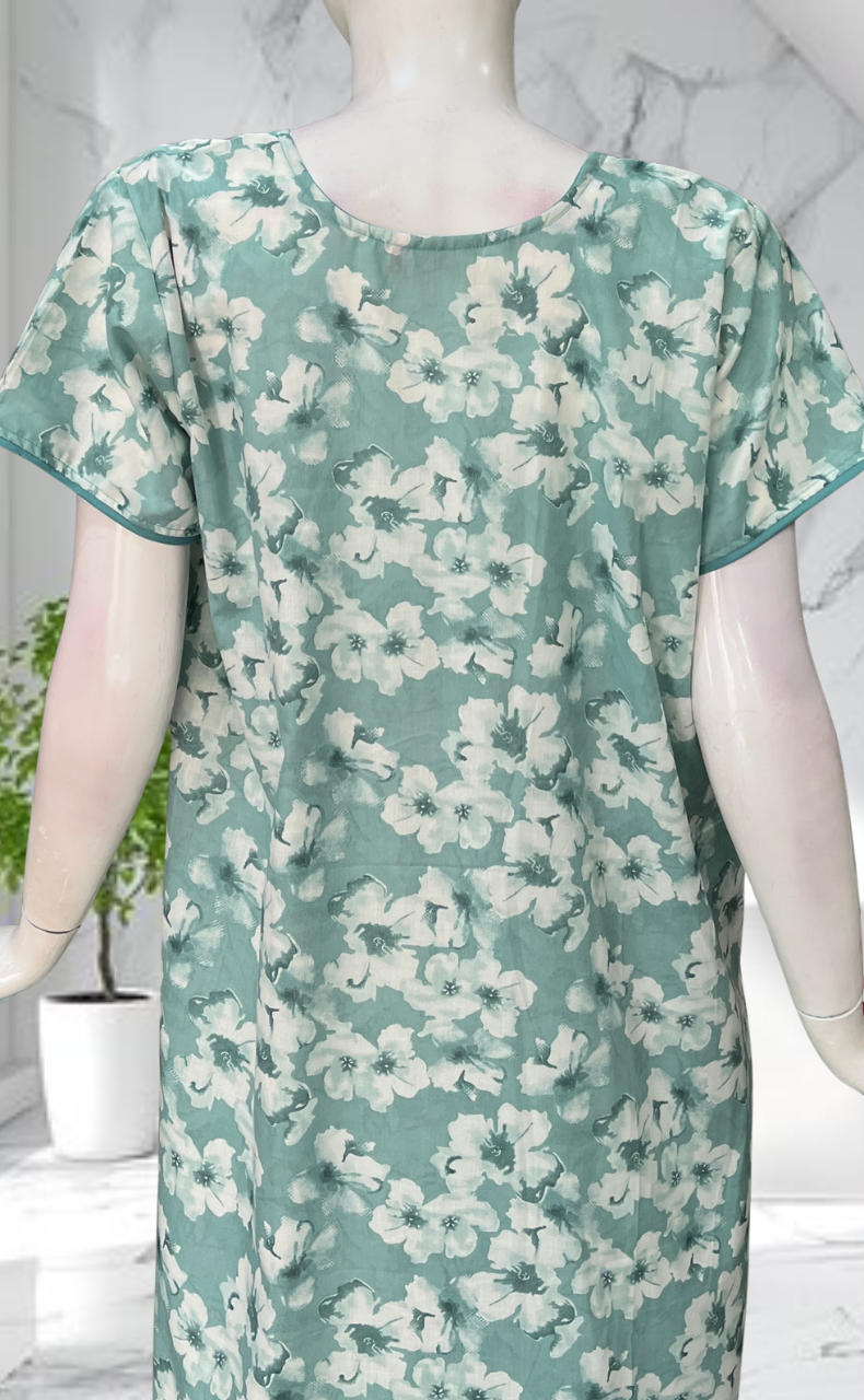 Light Green Floral Soft Cotton Nighty. Soft Breathable Fabric | Laces and Frills
