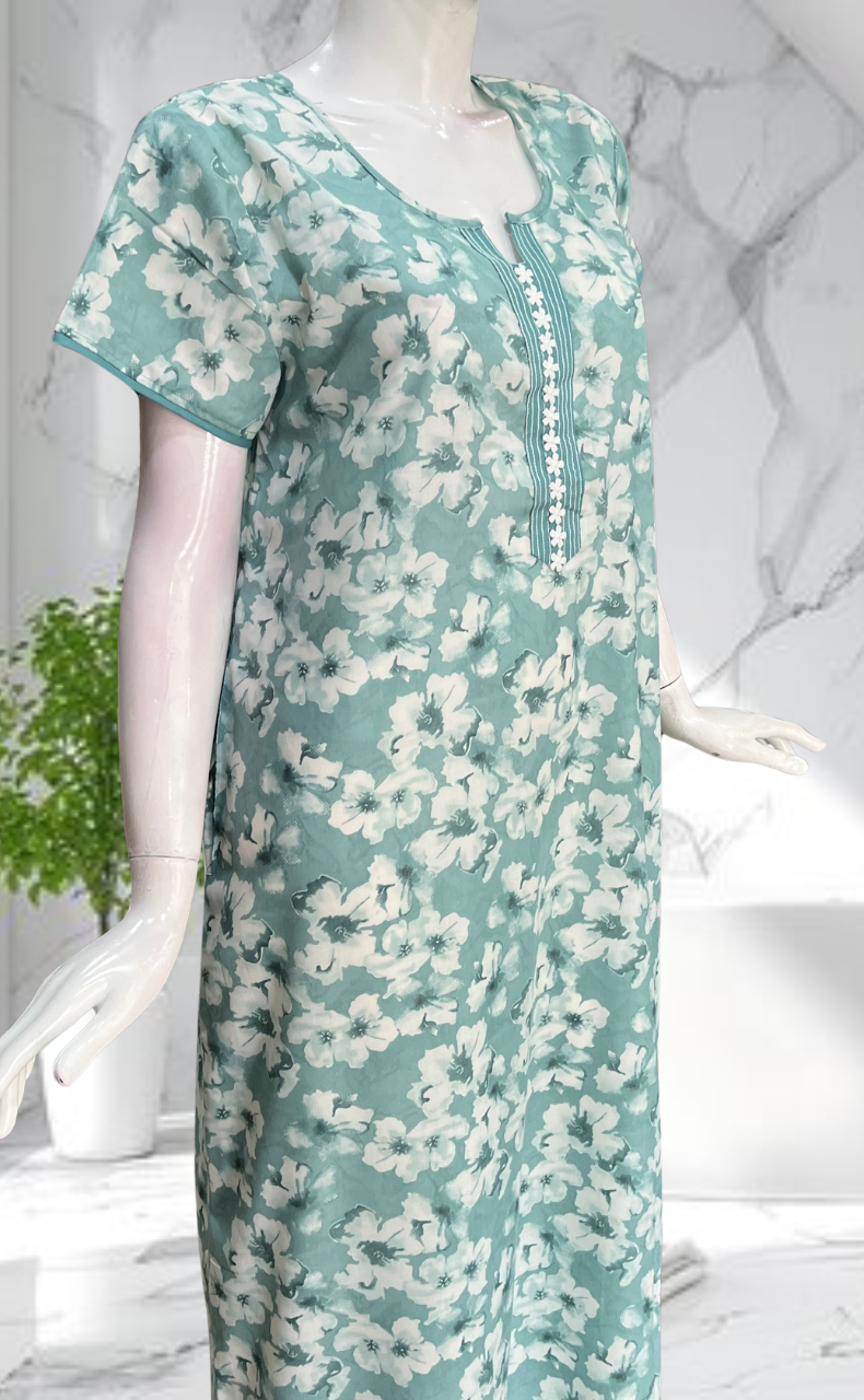 Light Green Floral Soft Cotton Nighty. Soft Breathable Fabric | Laces and Frills