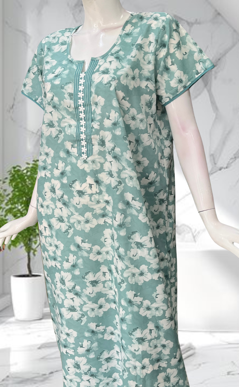 Light Green Floral Soft Cotton Nighty. Soft Breathable Fabric | Laces and Frills