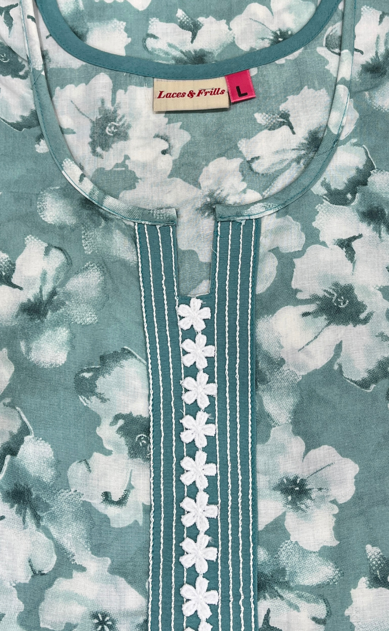 Light Green Floral Soft Cotton Nighty. Soft Breathable Fabric | Laces and Frills