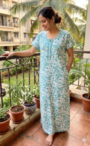 Light Green Floral Soft Cotton Nighty. Soft Breathable Fabric | Laces and Frills - Laces and Frills