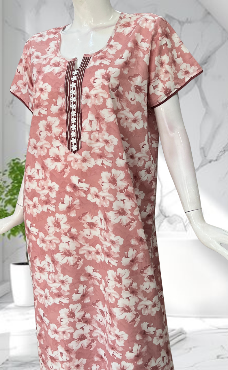 Onion Pink Floral Soft Cotton Nighty. Soft Breathable Fabric | Laces and Frills