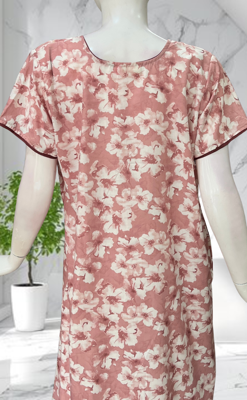Onion Pink Floral Soft Cotton Nighty. Soft Breathable Fabric | Laces and Frills