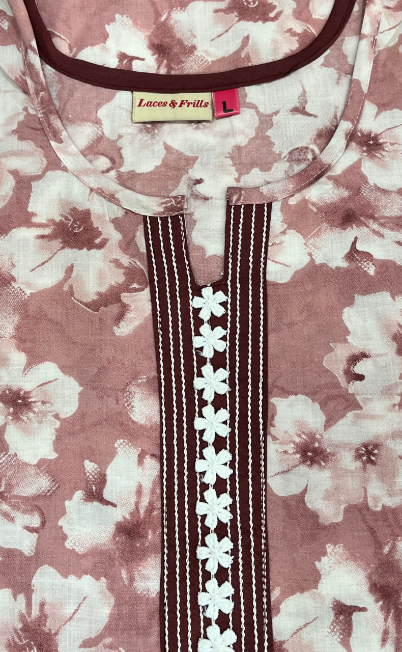 Onion Pink Floral Soft Cotton Nighty. Soft Breathable Fabric | Laces and Frills
