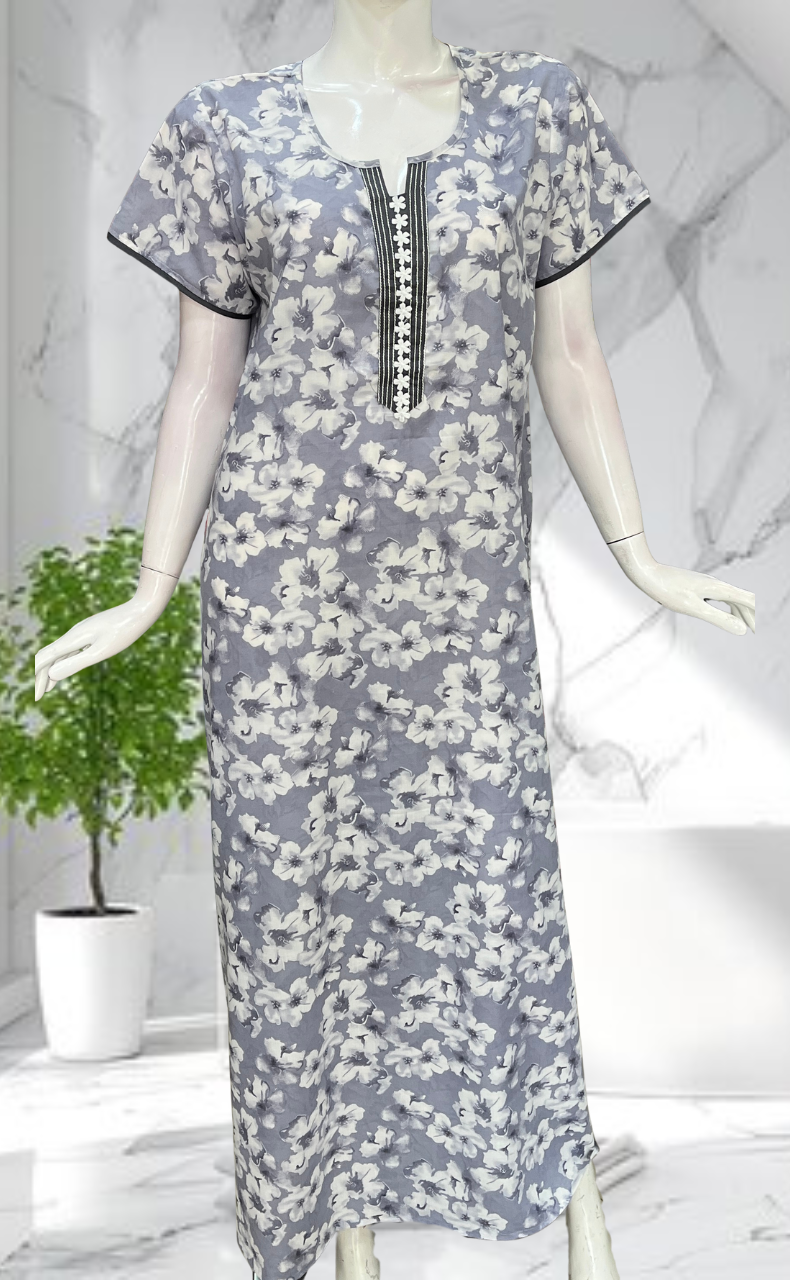 Greyish Blue Floral Soft Cotton Nighty. Soft Breathable Fabric | Laces and Frills