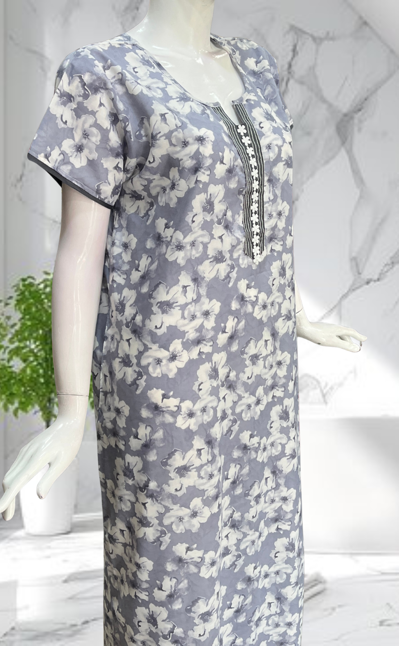 Greyish Blue Floral Soft Cotton Nighty. Soft Breathable Fabric | Laces and Frills