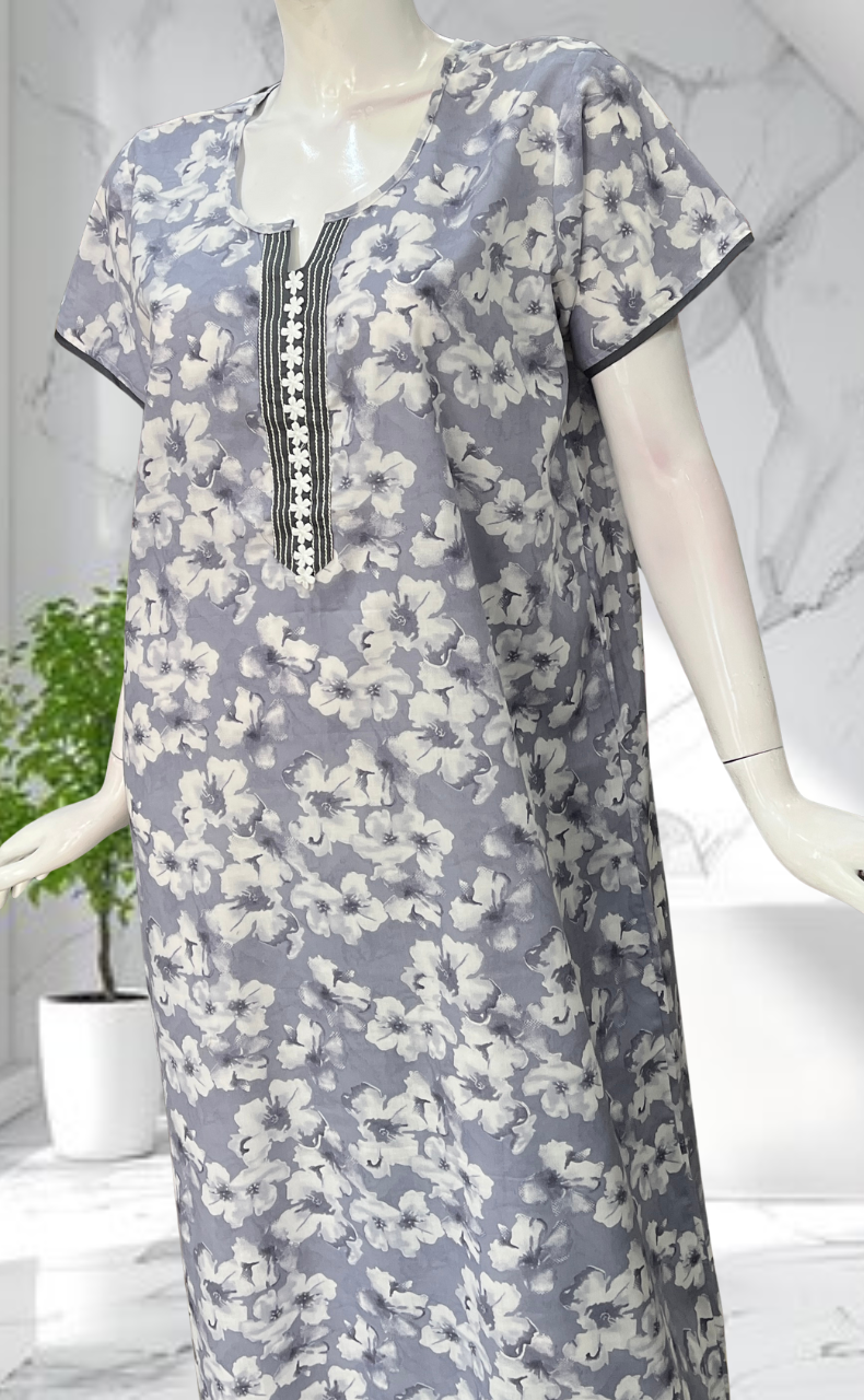 Greyish Blue Floral Soft Cotton Nighty. Soft Breathable Fabric | Laces and Frills