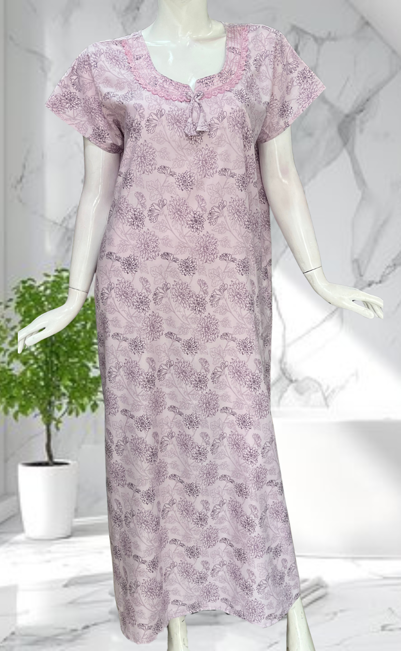 Light Purple Garden Soft Cotton Nighty. Soft Breathable Fabric | Laces and Frills