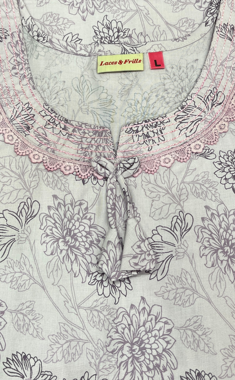 Light Purple Garden Soft Cotton Nighty. Soft Breathable Fabric | Laces and Frills