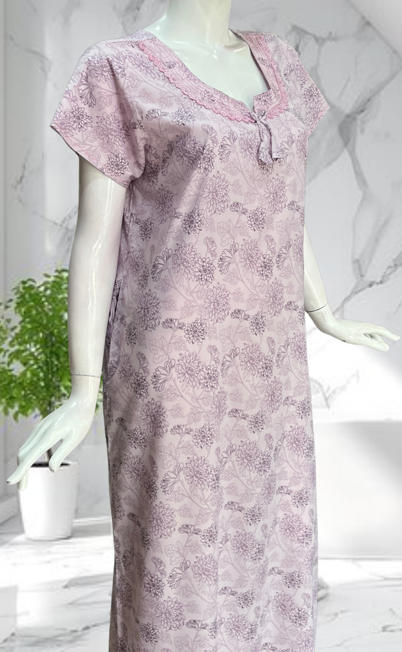Light Purple Garden Soft Cotton Nighty. Soft Breathable Fabric | Laces and Frills