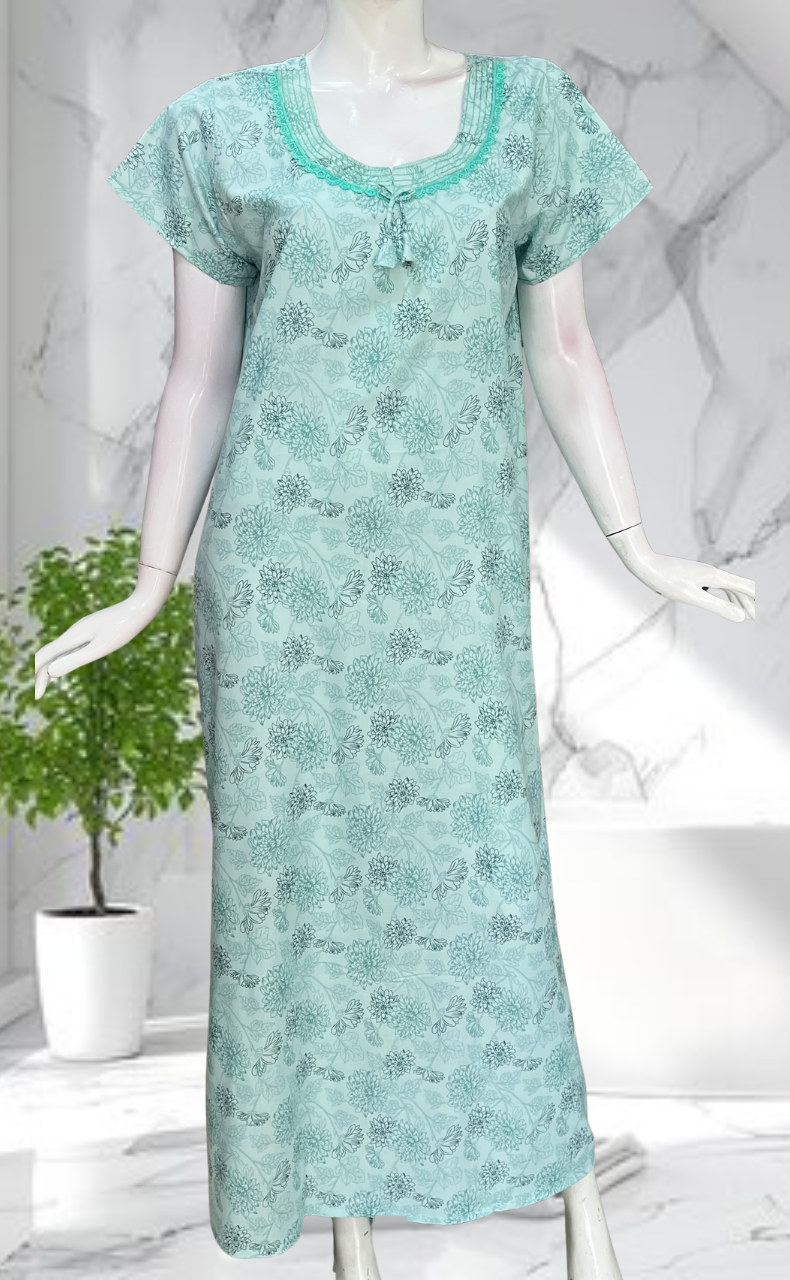 Sea Green Garden Soft Cotton Nighty. Soft Breathable Fabric | Laces and Frills
