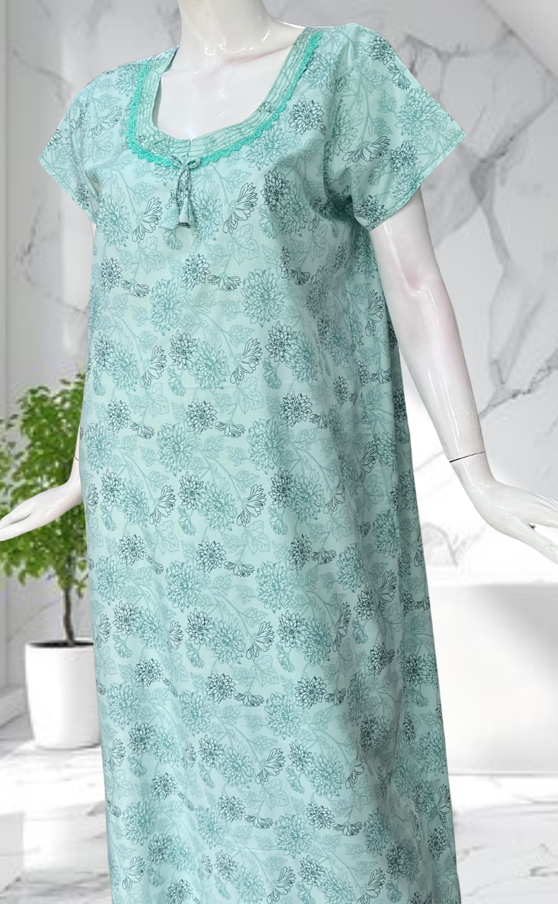 Sea Green Garden Soft Cotton Nighty. Soft Breathable Fabric | Laces and Frills