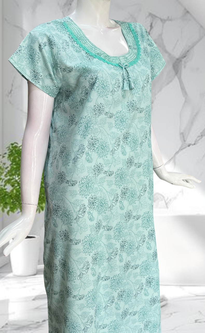 Sea Green Garden Soft Cotton Nighty. Soft Breathable Fabric | Laces and Frills