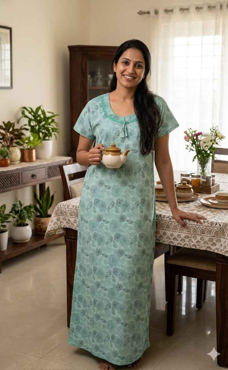 Sea Green Garden Soft Cotton Nighty. Soft Breathable Fabric | Laces and Frills - Laces and Frills