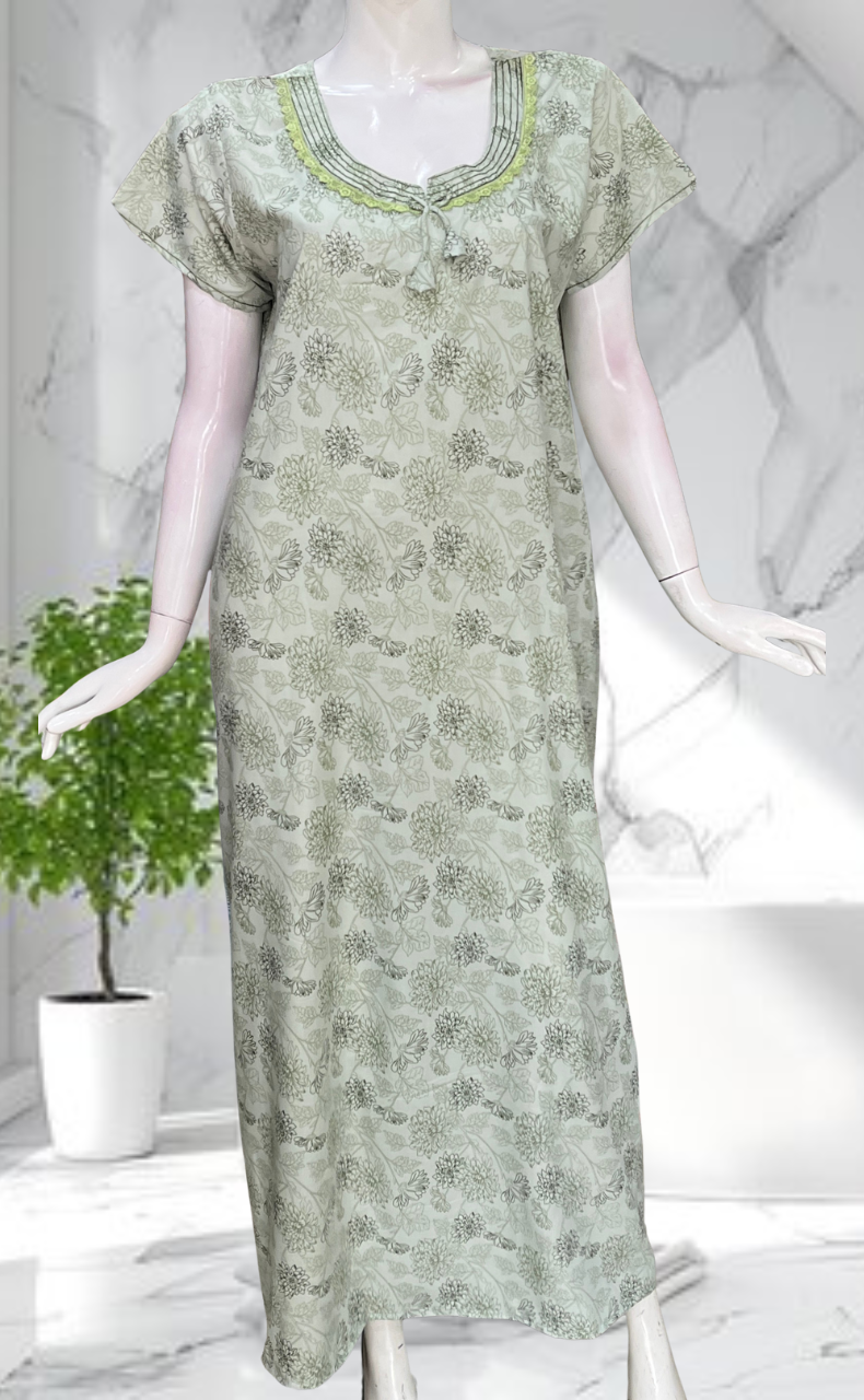 Pista Green Garden Soft Cotton Nighty. Soft Breathable Fabric | Laces and Frills