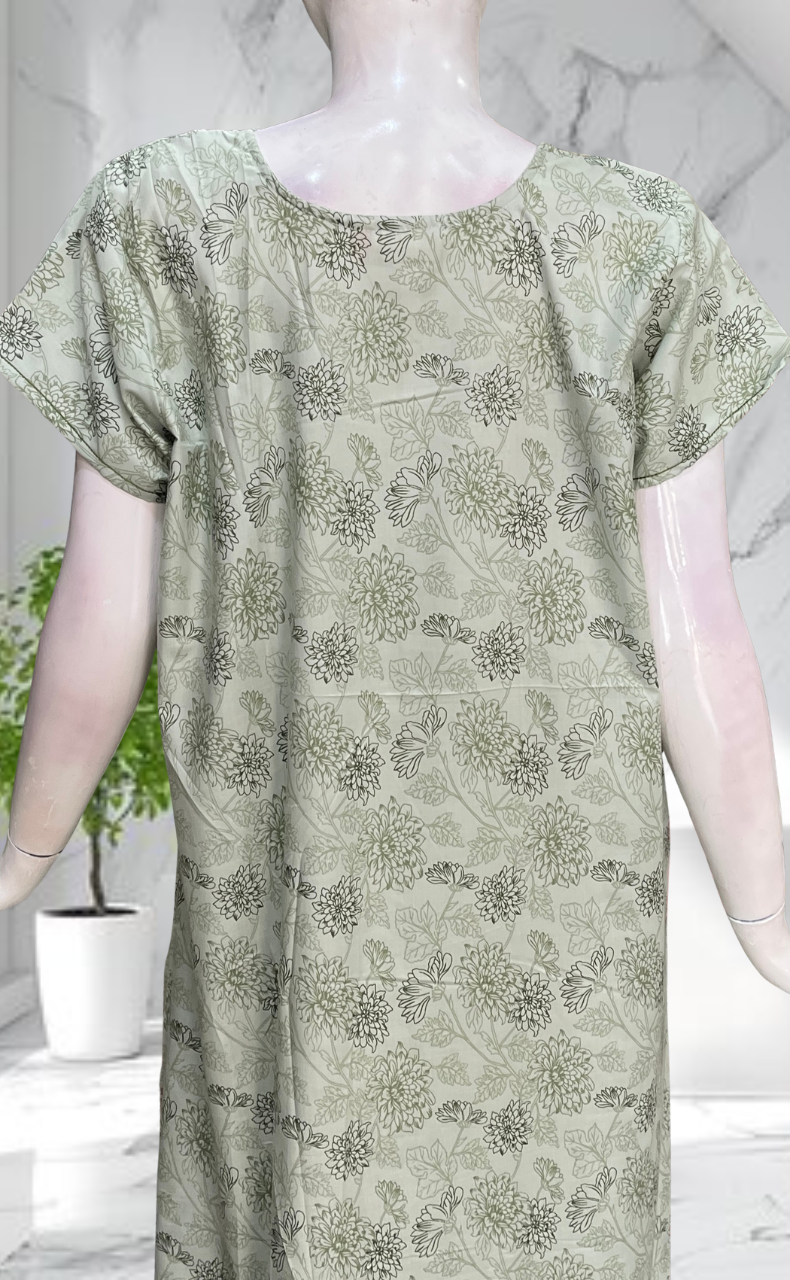Pista Green Garden Soft Cotton Nighty. Soft Breathable Fabric | Laces and Frills
