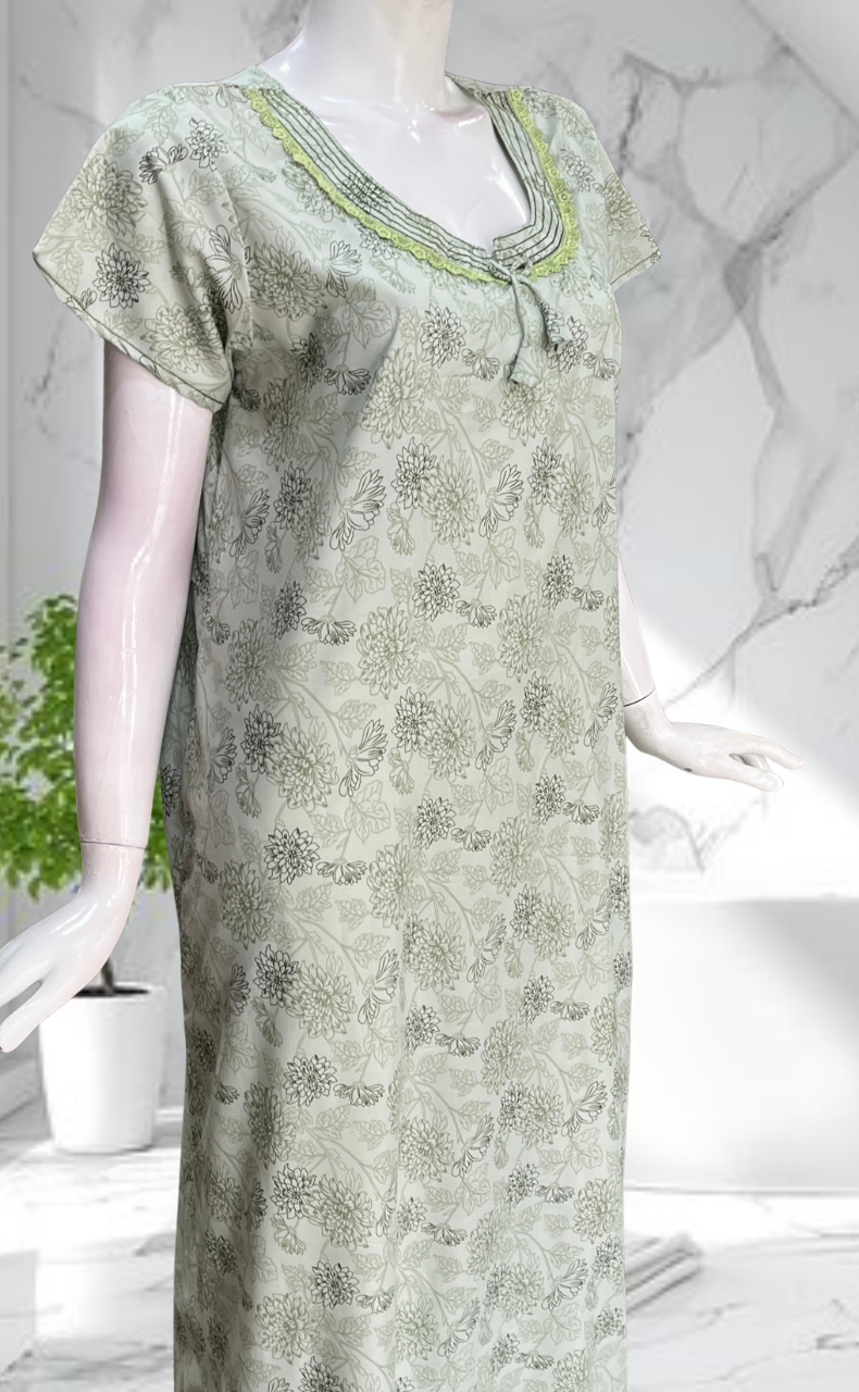 Pista Green Garden Soft Cotton Nighty. Soft Breathable Fabric | Laces and Frills