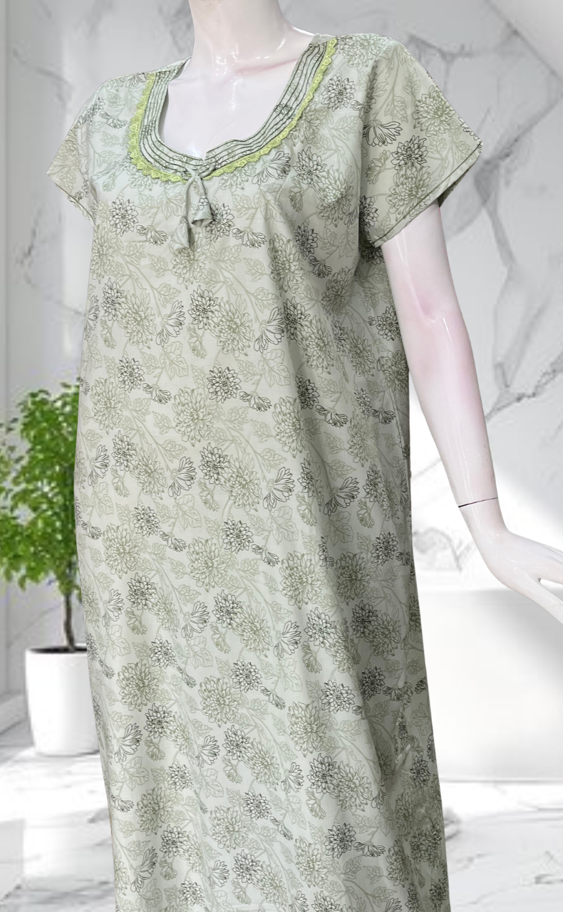 Pista Green Garden Soft Cotton Nighty. Soft Breathable Fabric | Laces and Frills
