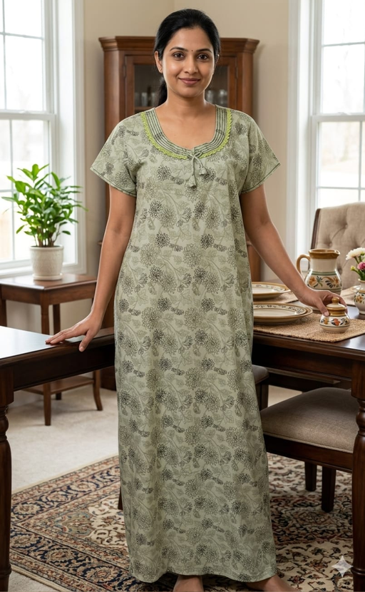 Pista Green Garden Soft Cotton Nighty. Soft Breathable Fabric | Laces and Frills - Laces and Frills