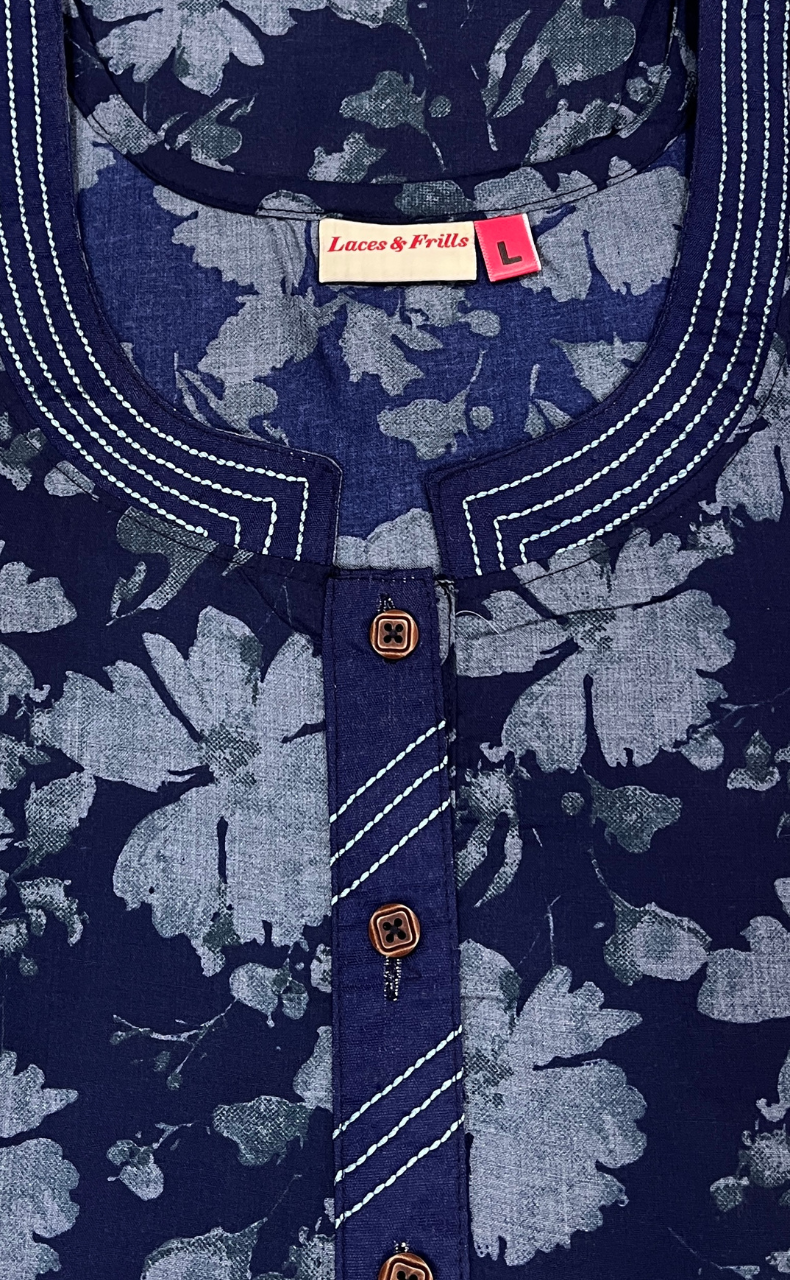 Blue Garden Soft Cotton Nighty. Soft Breathable Fabric | Laces and Frills