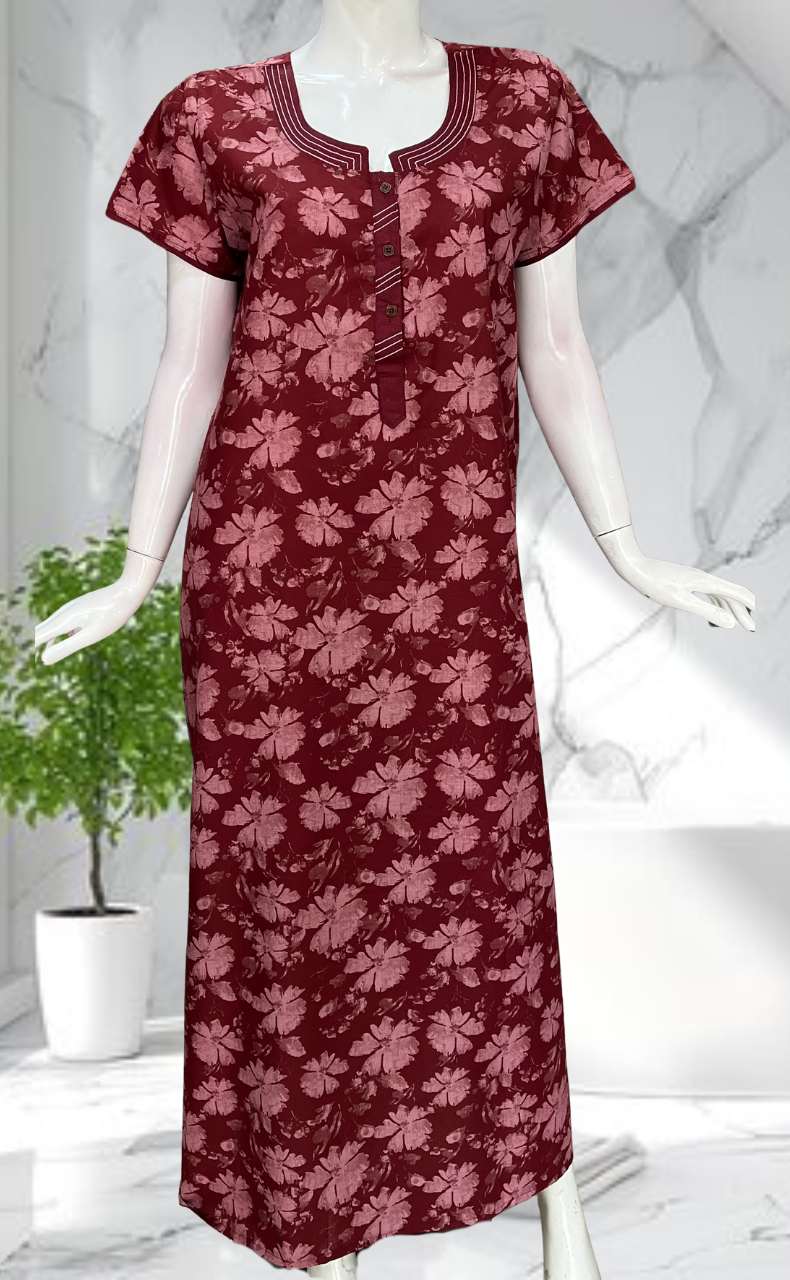 Maroon Garden Soft Cotton Nighty. Soft Breathable Fabric | Laces and Frills