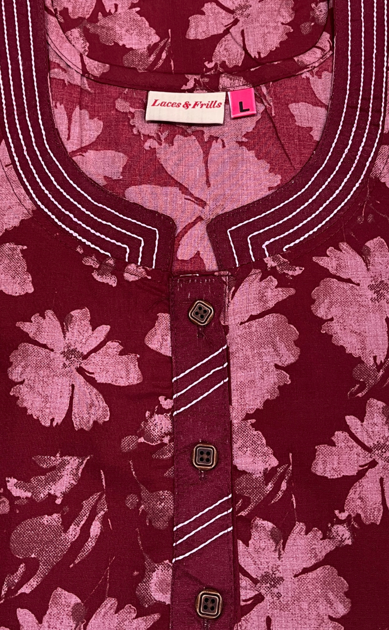 Maroon Garden Soft Cotton Nighty. Soft Breathable Fabric | Laces and Frills