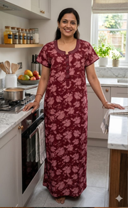 Maroon Garden Soft Cotton Nighty. Soft Breathable Fabric | Laces and Frills - Laces and Frills