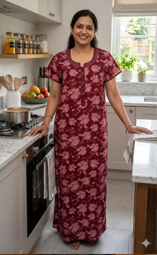 Maroon Garden Soft Cotton Nighty. Soft Breathable Fabric | Laces and Frills - Laces and Frills