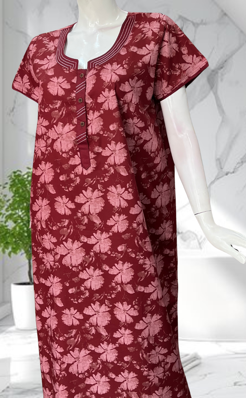 Maroon Garden Soft Cotton Nighty. Soft Breathable Fabric | Laces and Frills