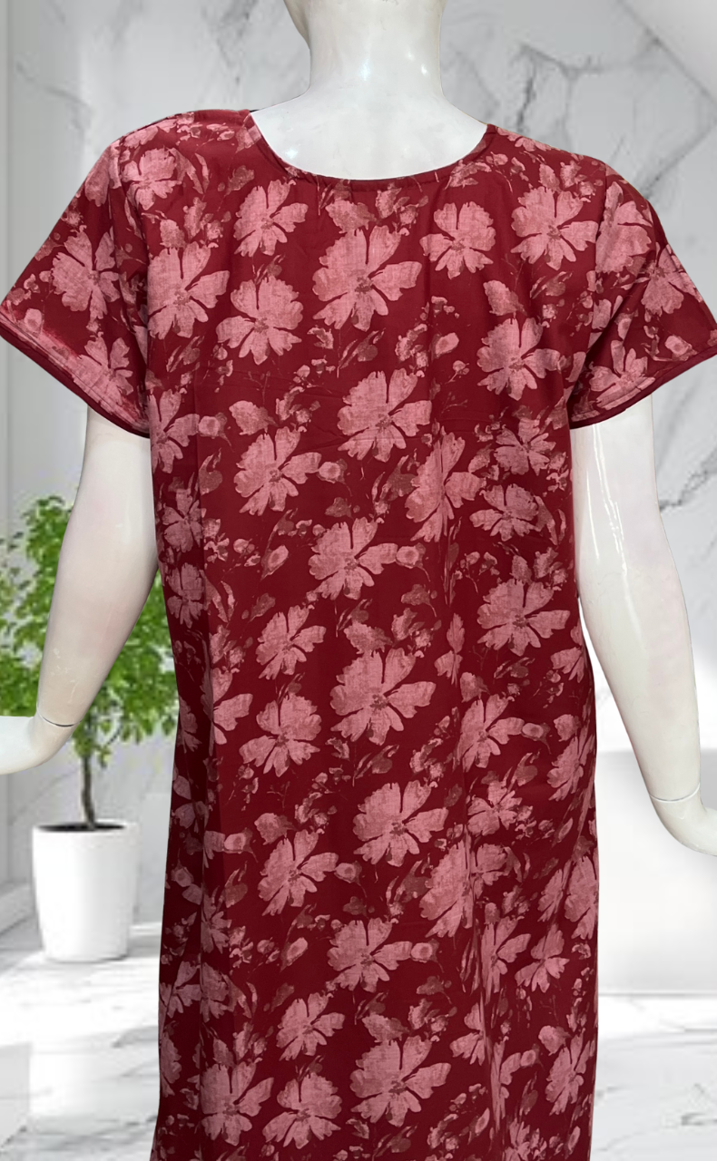 Maroon Garden Soft Cotton Nighty. Soft Breathable Fabric | Laces and Frills