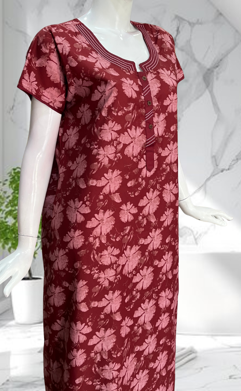 Maroon Garden Soft Cotton Nighty. Soft Breathable Fabric | Laces and Frills