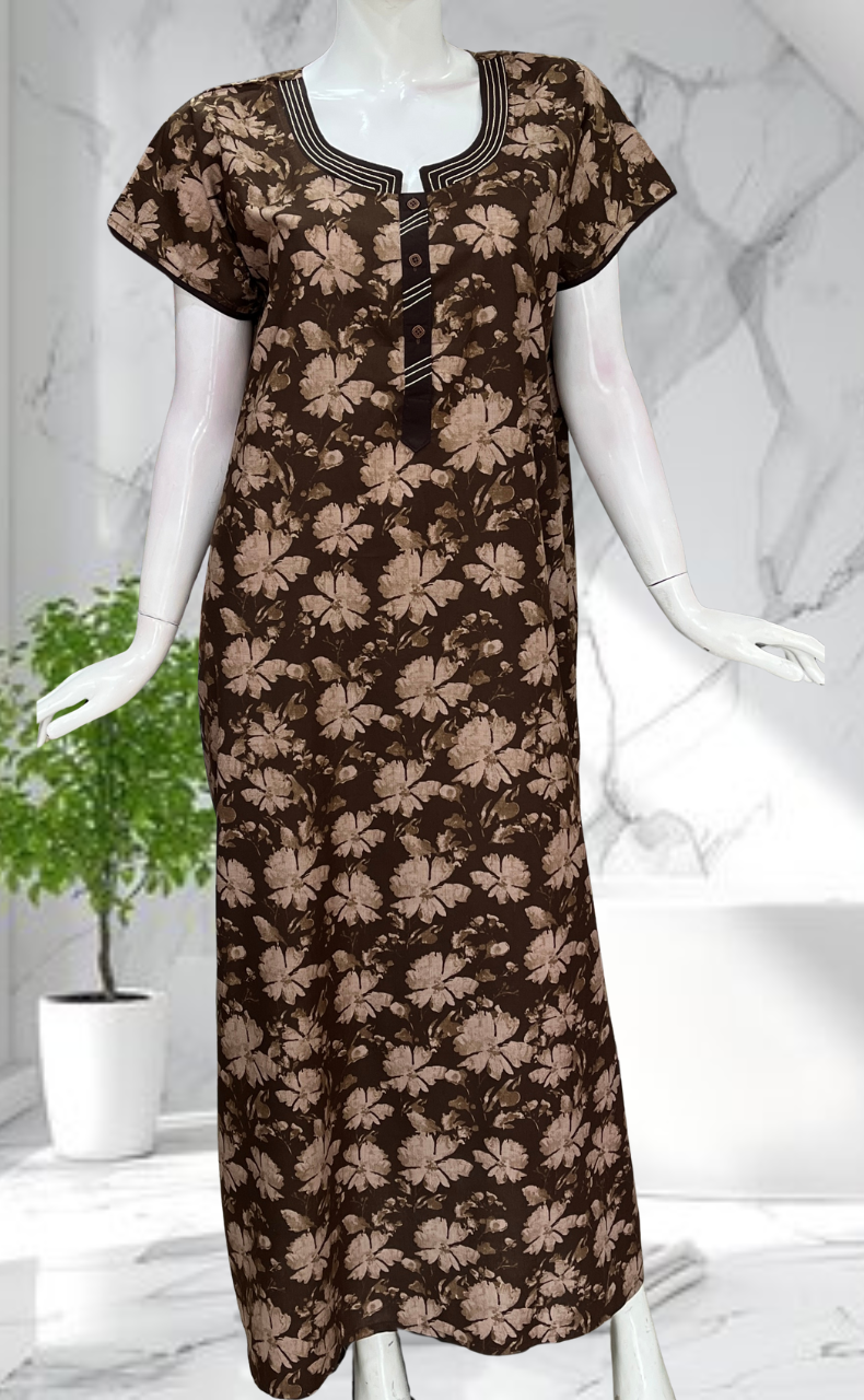 Brown Garden Soft Cotton Nighty. Soft Breathable Fabric | Laces and Frills