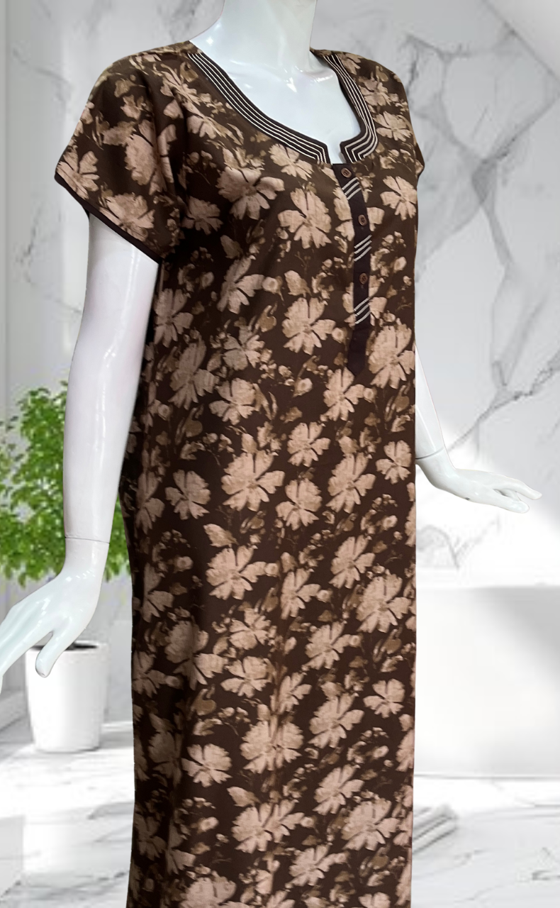 Brown Garden Soft Cotton Nighty. Soft Breathable Fabric | Laces and Frills
