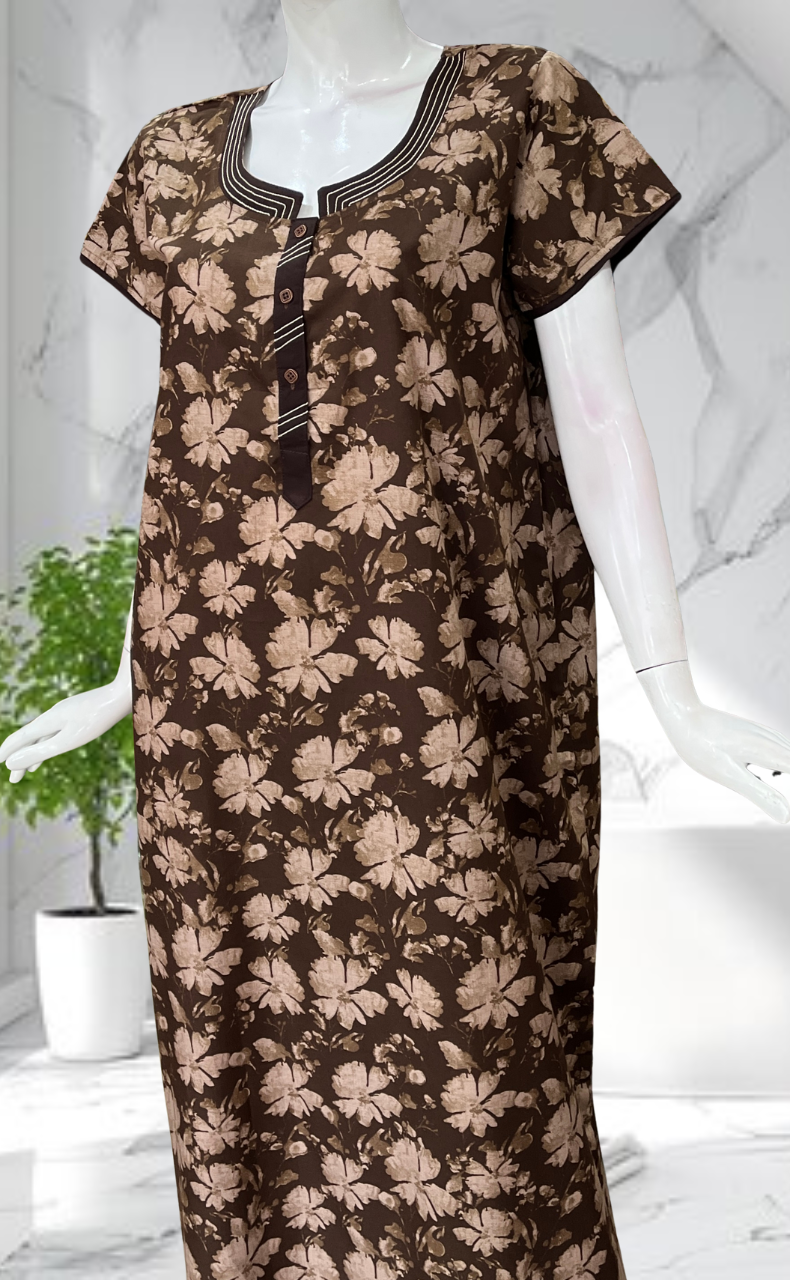 Brown Garden Soft Cotton Nighty. Soft Breathable Fabric | Laces and Frills