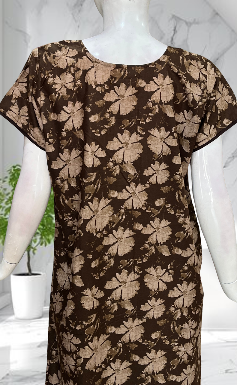 Brown Garden Soft Cotton Nighty. Soft Breathable Fabric | Laces and Frills