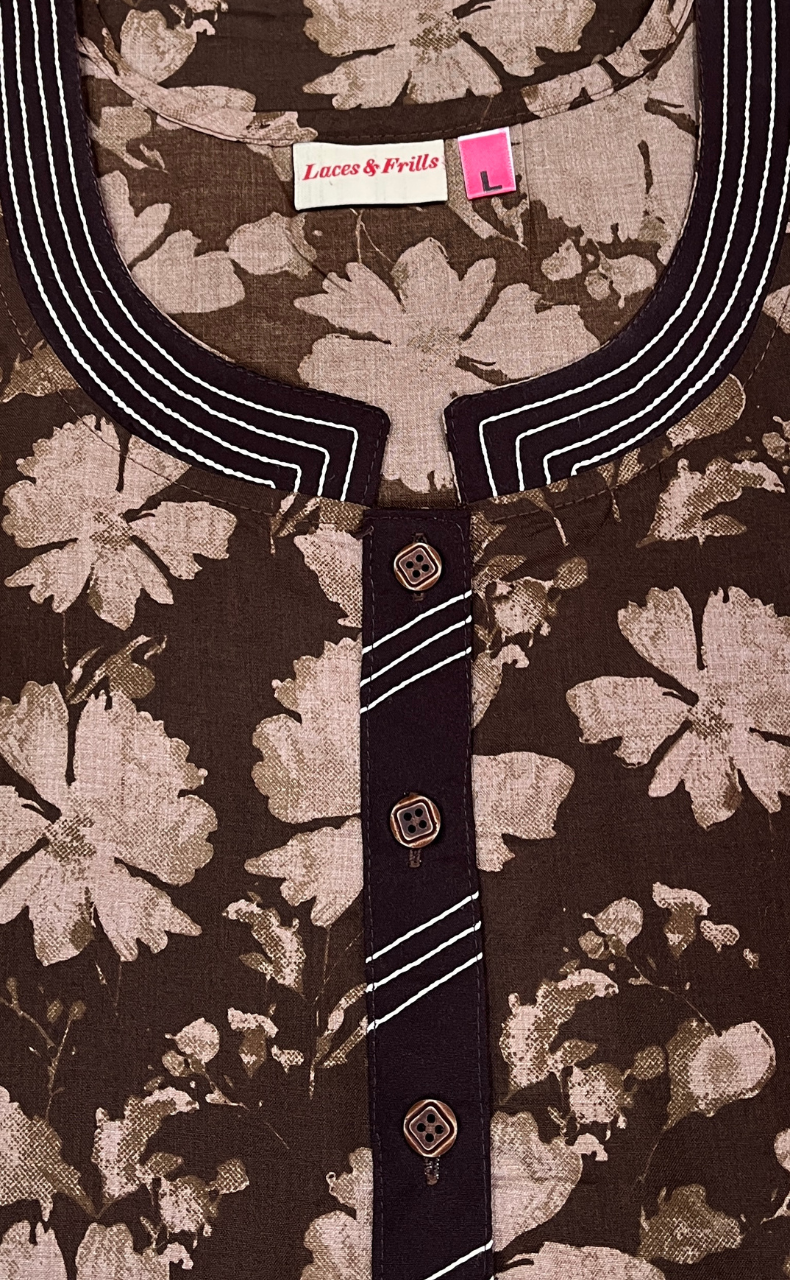 Brown Garden Soft Cotton Nighty. Soft Breathable Fabric | Laces and Frills