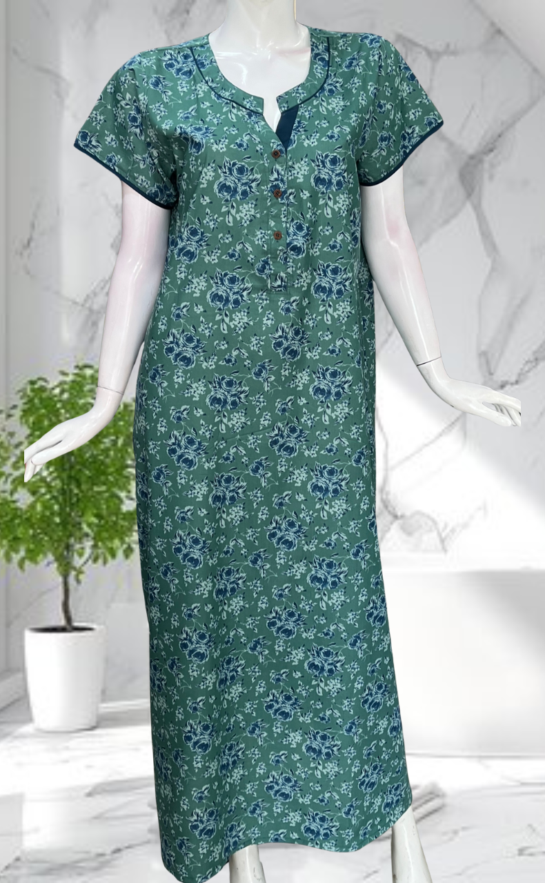 Green Garden Soft Cotton Nighty. Soft Breathable Fabric | Laces and Frills