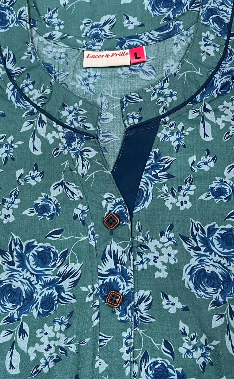 Green Garden Soft Cotton Nighty. Soft Breathable Fabric | Laces and Frills