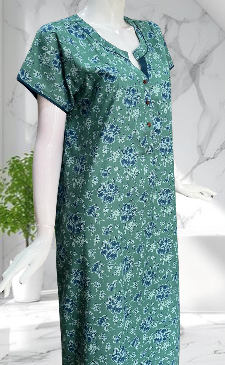 Green Garden Soft Cotton Nighty. Soft Breathable Fabric | Laces and Frills