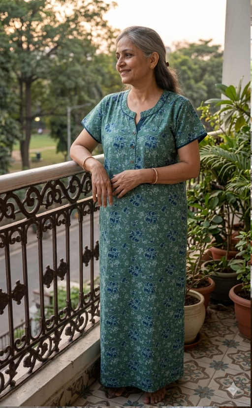 Green Garden Soft Cotton Nighty. Soft Breathable Fabric | Laces and Frills - Laces and Frills
