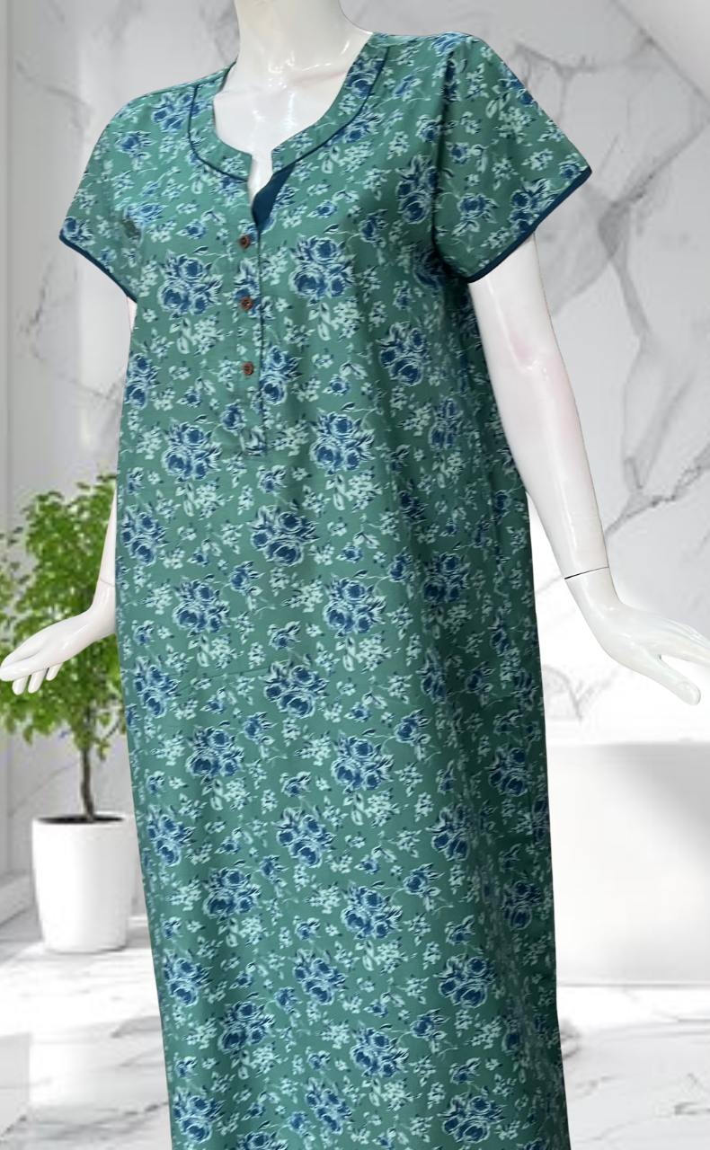 Green Garden Soft Cotton Nighty. Soft Breathable Fabric | Laces and Frills