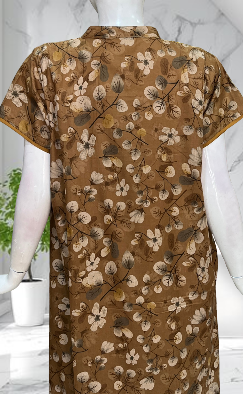 Light Brown Floral Soft Cotton Nighty. Soft Breathable Fabric | Laces and Frills