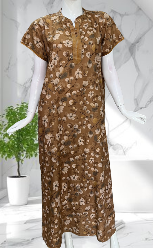 Light Brown Floral Soft Cotton Nighty. Soft Breathable Fabric | Laces and Frills