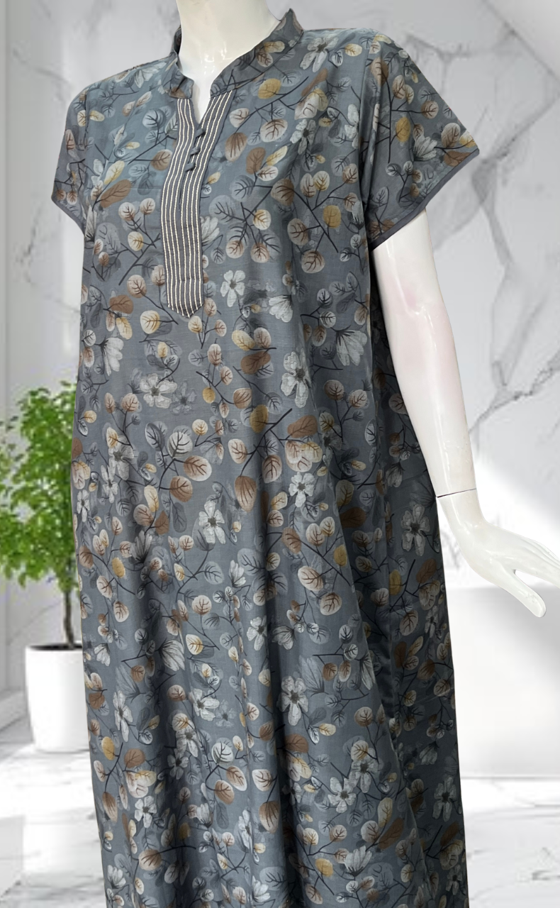 Grey Floral Soft Cotton Nighty. Soft Breathable Fabric | Laces and Frills
