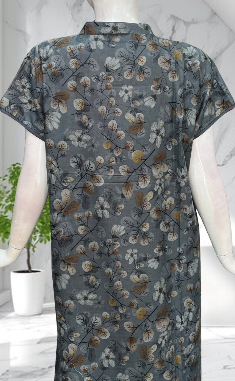 Grey Floral Soft Cotton Nighty. Soft Breathable Fabric | Laces and Frills