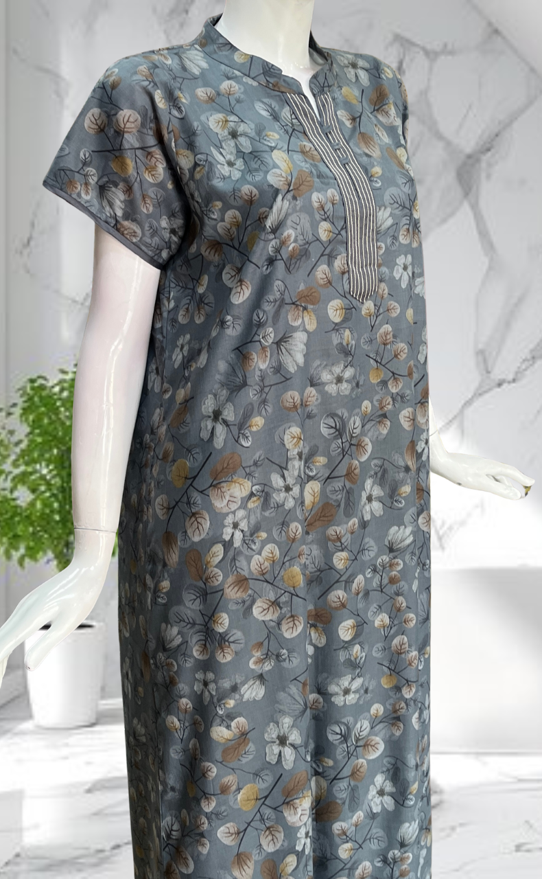 Grey Floral Soft Cotton Nighty. Soft Breathable Fabric | Laces and Frills
