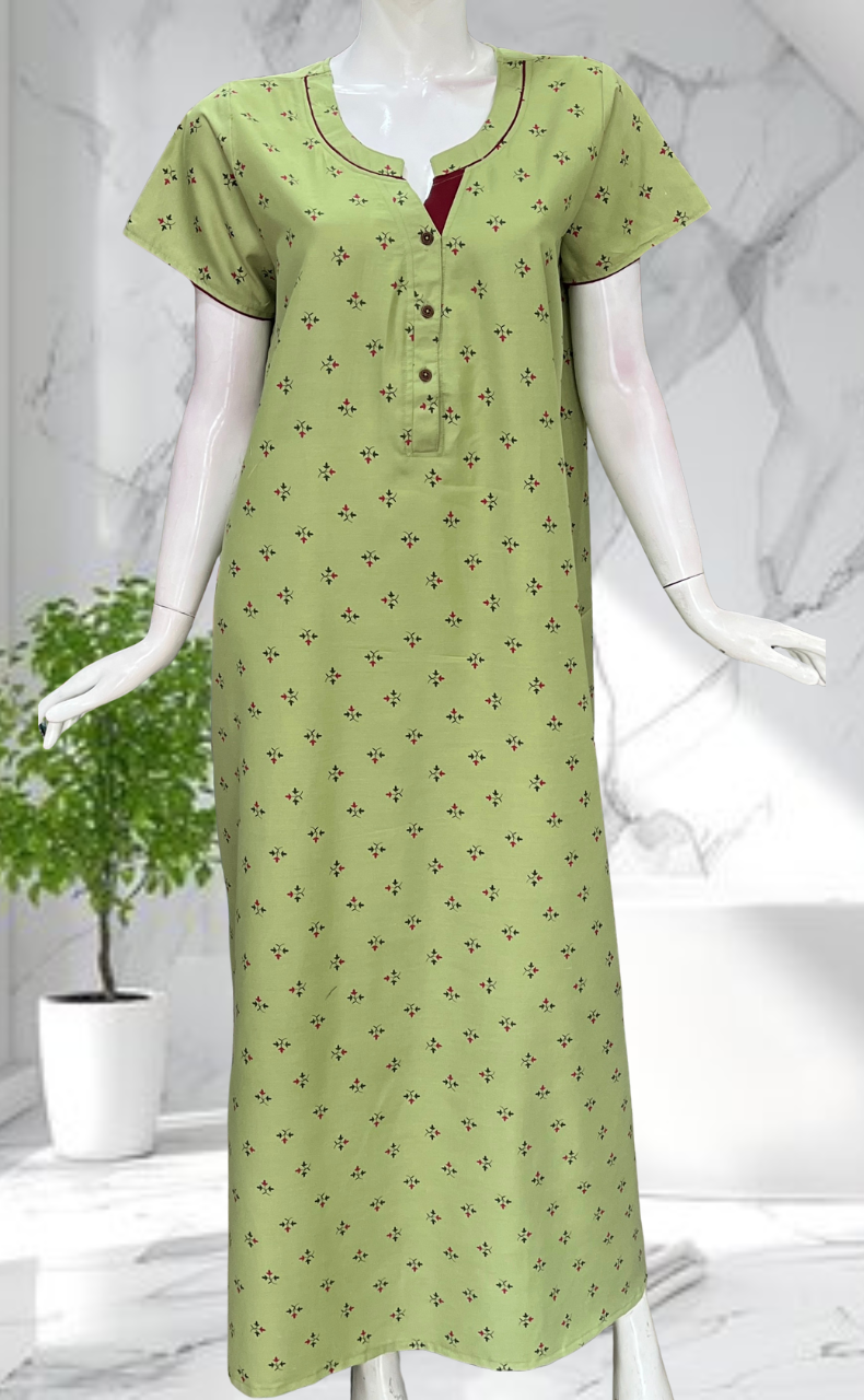 Green Tiny Floral Soft Cotton Nighty. Soft Breathable Fabric | Laces and Frills
