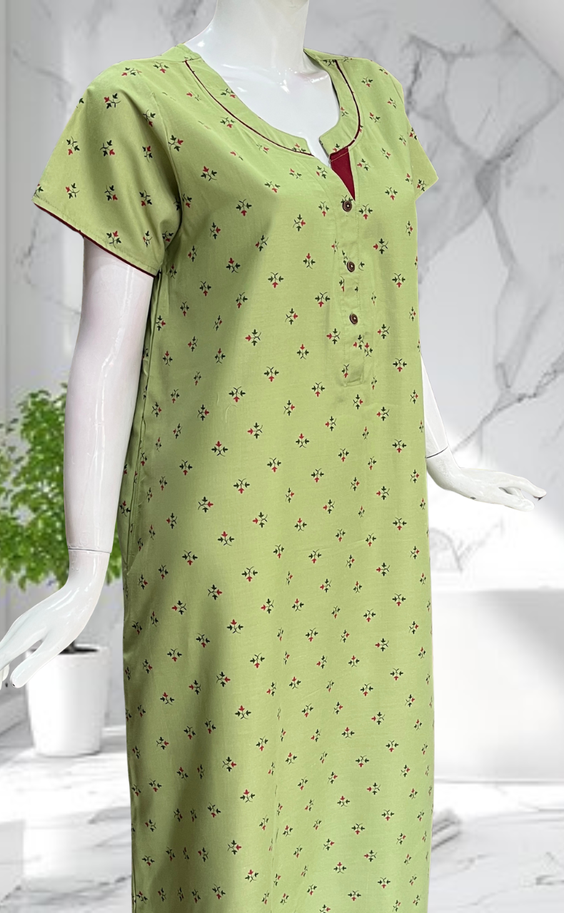 Green Tiny Floral Soft Cotton Nighty. Soft Breathable Fabric | Laces and Frills