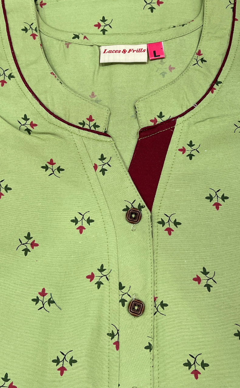 Green Tiny Floral Soft Cotton Nighty. Soft Breathable Fabric | Laces and Frills