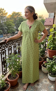 Green Tiny Floral Soft Cotton Nighty. Soft Breathable Fabric | Laces and Frills - Laces and Frills